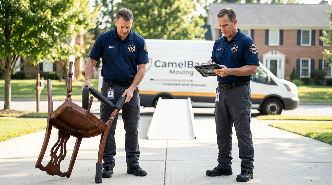 Movers inspecting furniture for damage prevention before loading in Mexico, MO