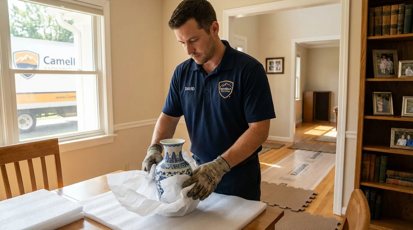 Professional crew carefully wrapping antique vase for senior downsizing move in Mexico, MO